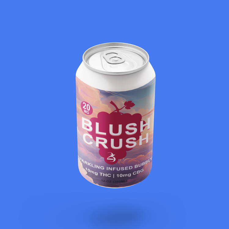 A can of BLUSH CRUSH sparkling infused beverage with a colorful label, displaying flavors such as apricot and vanilla, and indicating 10mg THC and 10mg CBG.