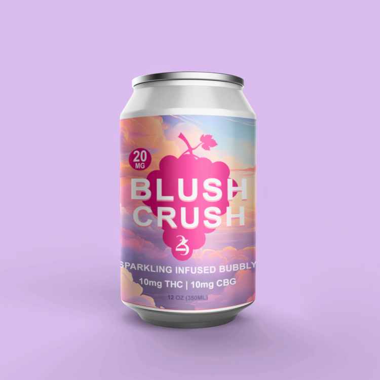 A can of BLUSH CRUSH sparkling infused beverage with a colorful label featuring fruit graphics, displayed against a purple background.