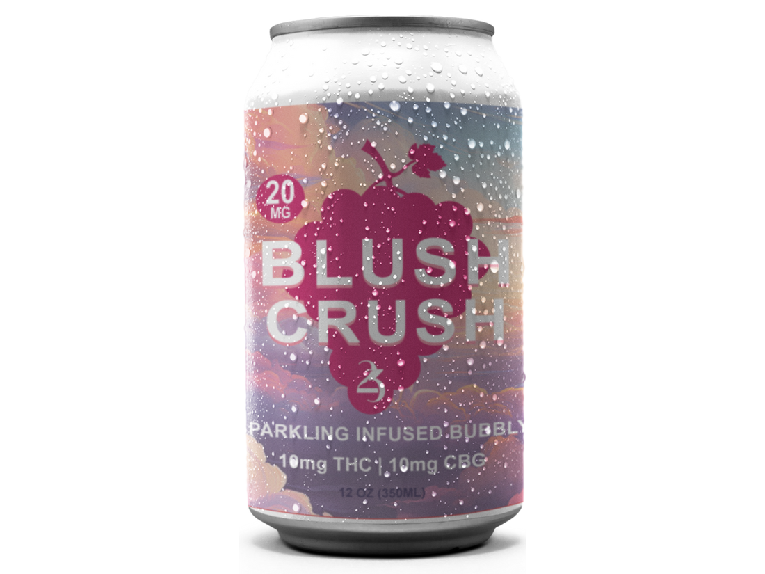 A can of BLUSH CRUSH sparkling infused beverage with a colorful label featuring pink and purple hues and text indicating the product name and the amount of THC and CBG.