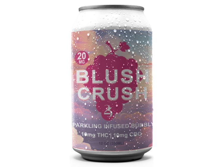 A can of BLUSH CRUSH sparkling infused beverage with a colorful label featuring pink and purple hues and text indicating the product name and the amount of THC and CBG.