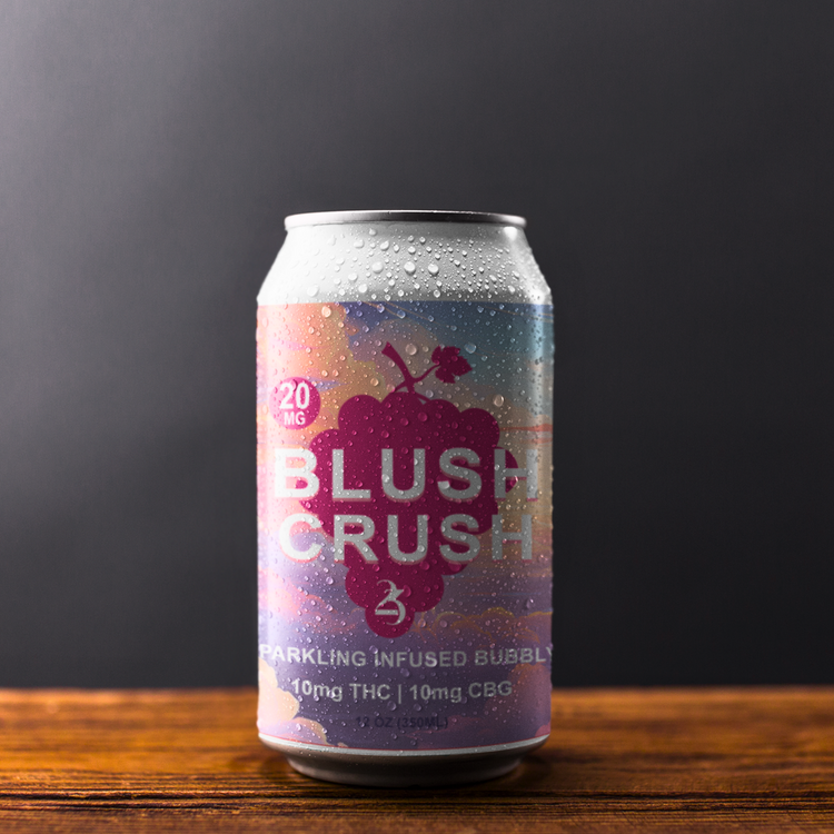 Can of BLUSH CRUSH on a wooden table.