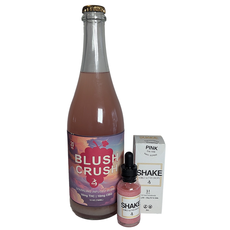 Bottle labeled 'Blush Crush' with a box and dropper labeled 'Shake' on a white background