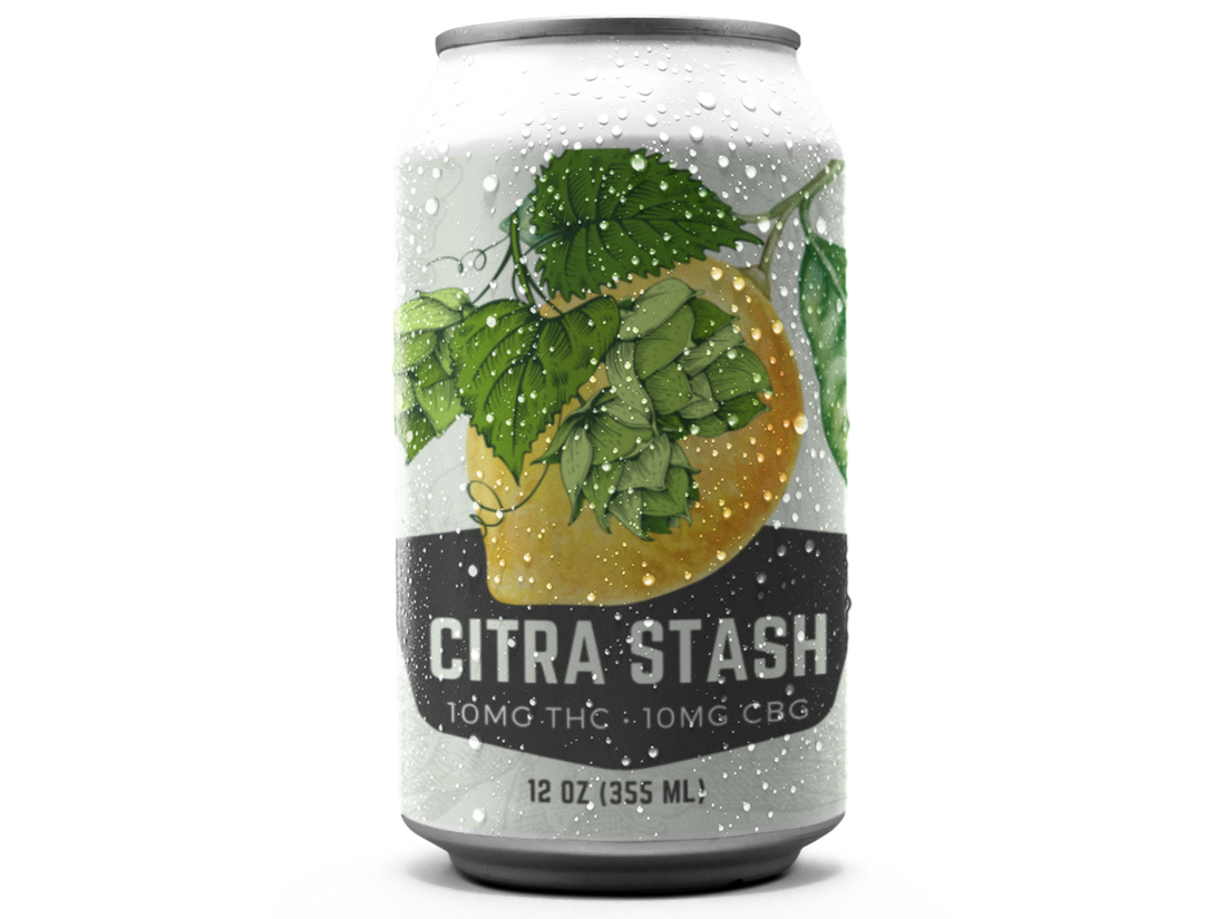 A can of CITRA STASH infused beverage with a graphic of hops and a cannabis leaf, indicating the presence of THC and CBG cannabinoids.