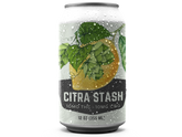 A can of CITRA STASH infused beverage with a graphic of hops and a cannabis leaf, indicating the presence of THC and CBG cannabinoids.