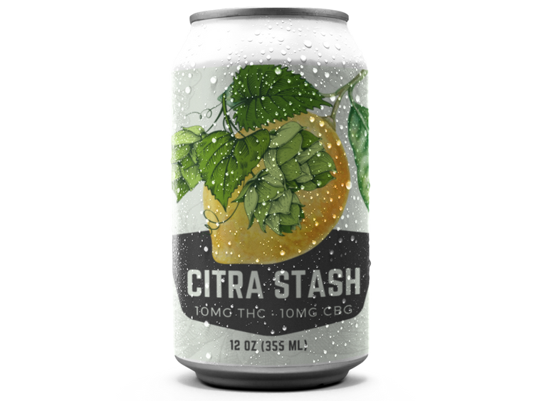 A can of CITRA STASH infused beverage with a graphic of hops and a cannabis leaf, indicating the presence of THC and CBG cannabinoids.