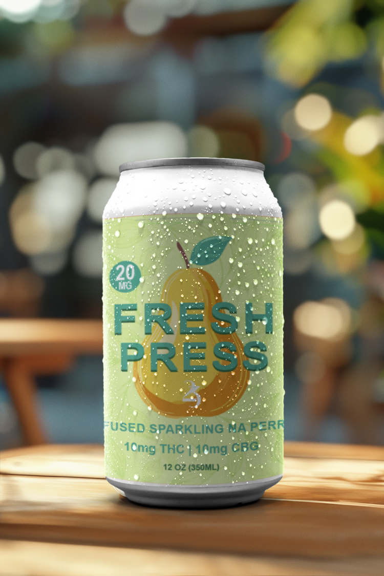 FRESH PRESS on a bench in an outdoor setting.