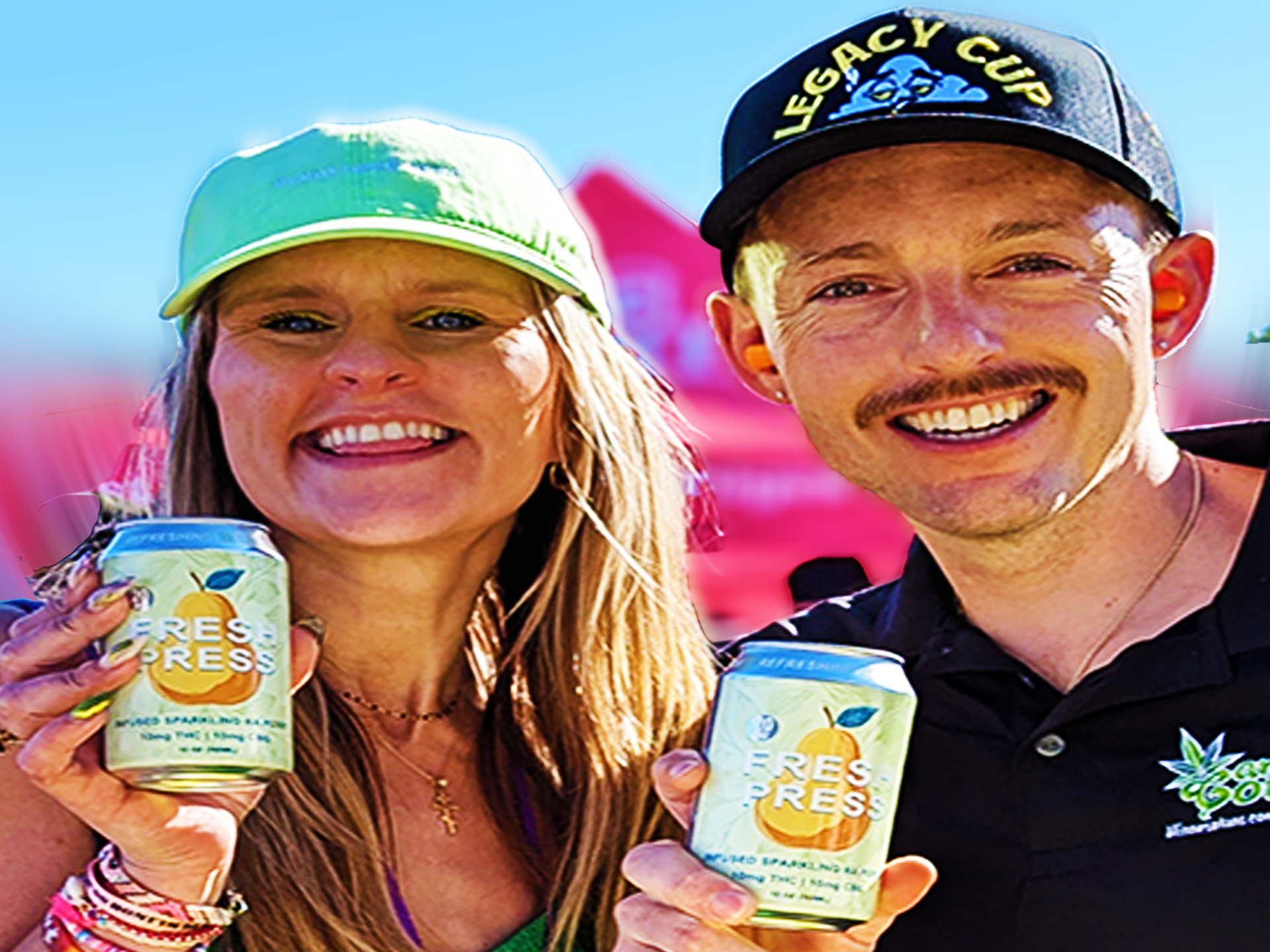 Two people holding cans of Press Press sparkling water with a colorful background