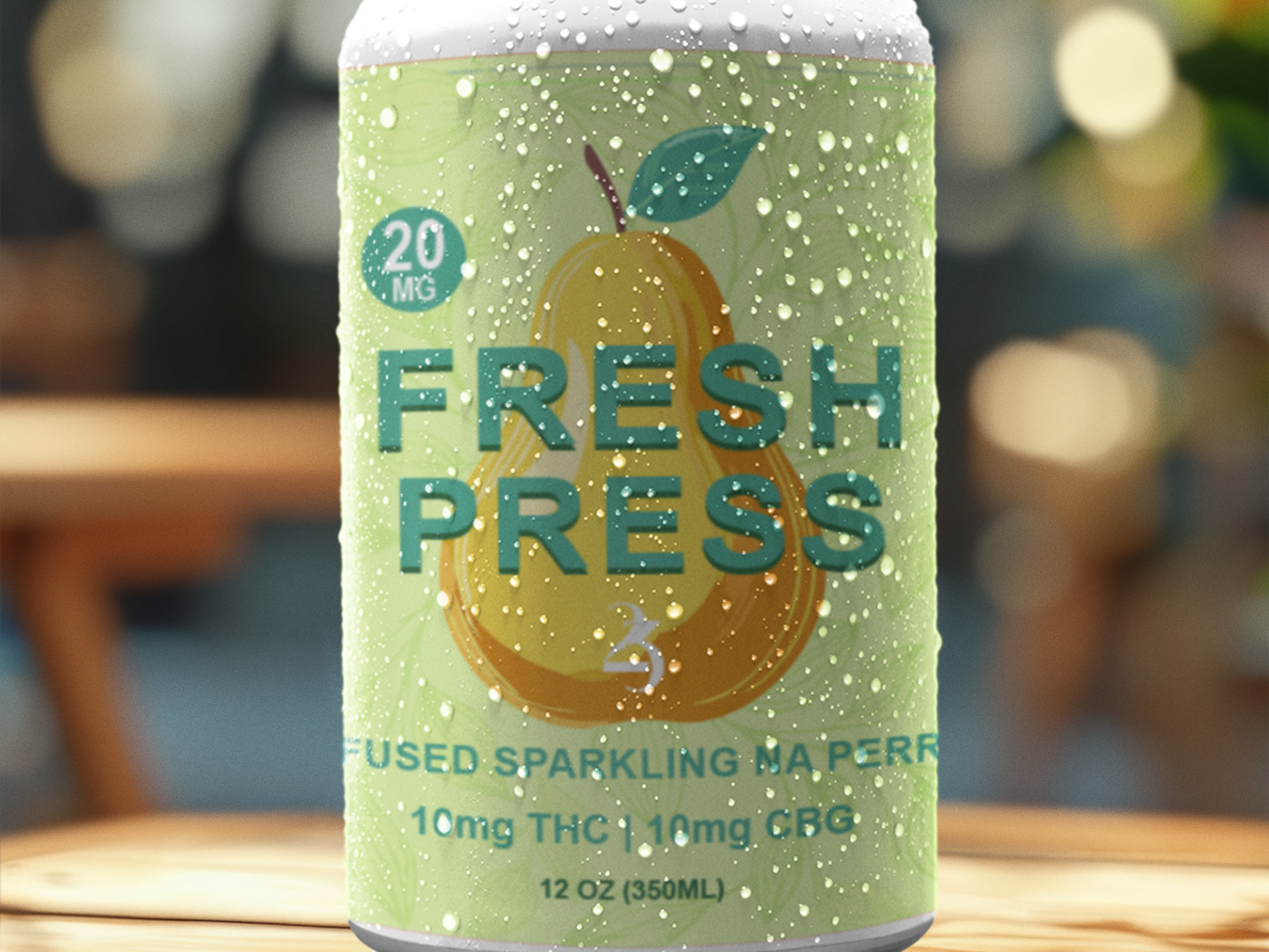 FRESH PRESS can on a wooden bench.