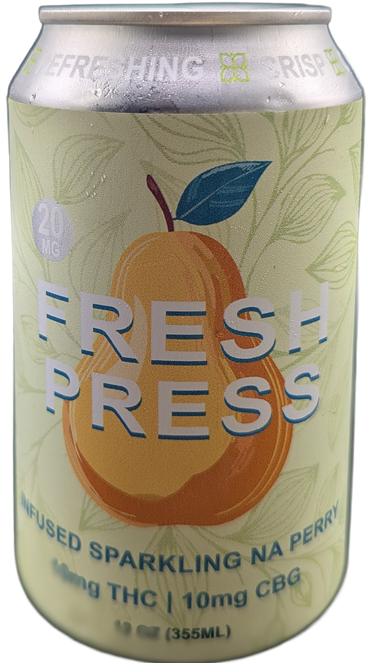 Can of Fresh Press sparkling pear thc drink with pear illustration on a white background