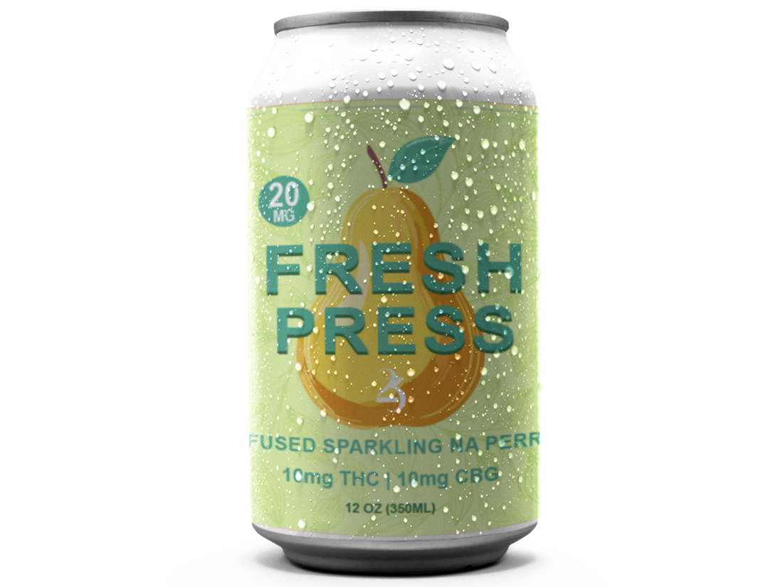 A can of FRESH PRESS sparkling infused beverage with pear flavor, with visual elements indicating THC and CBG content.