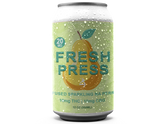 A can of FRESH PRESS sparkling infused beverage with pear flavor, with visual elements indicating THC and CBG content.