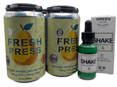 4-pack of cans of 'Fresh Press' THC infused Perry with a bottle of 'Shake' Emerald green and a box on a white background.