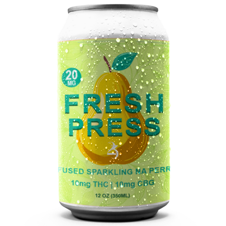 A can of FRESH PRESS sparkling infused beverage with pear flavor, featuring an image of a pear and leaves with text detailing the product name and cannabinoid content.