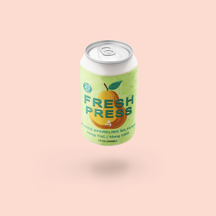 Can of FRESH PRESS on a pink background.