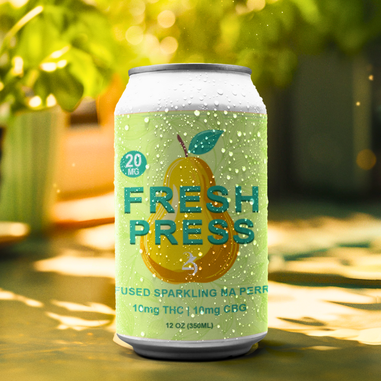 Can of FRESH PRESS by a sunny window sitting on a countertop.
