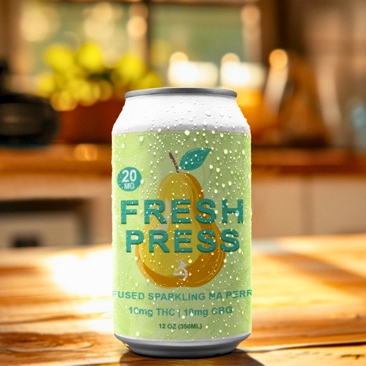 Can of FRESH PRESS on a kitchen island.