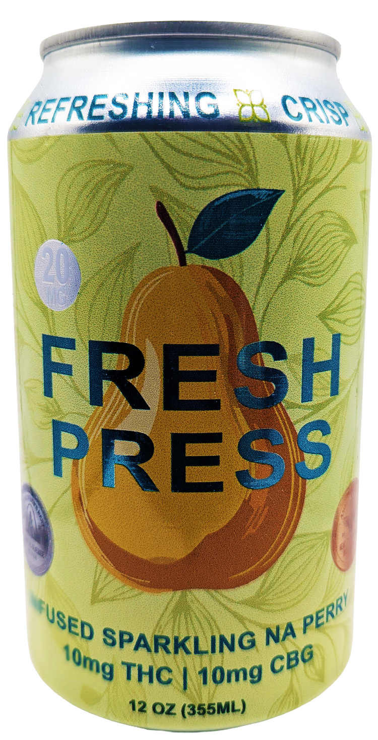Can of Fresh Press THC infused pear cider with a pear illustration on a green background