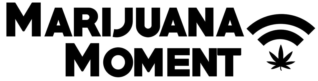 Logo with 'MARIJUANA MOMENT' text and a cannabis leaf symbol on a white background