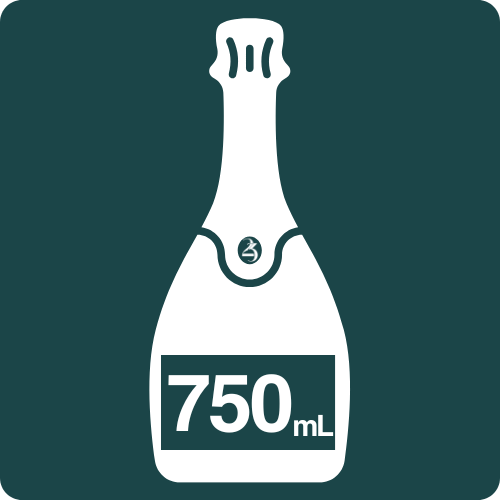 White bottle icon with '750 mL' label on a dark green background