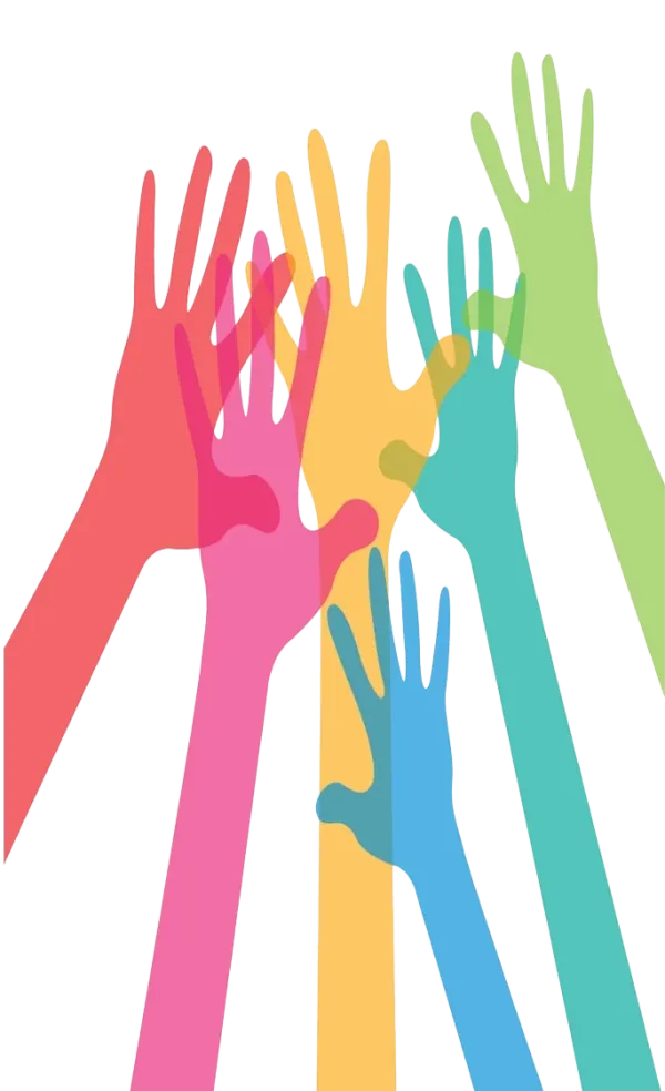 Diversity depicted in a group of different colored hands all together.