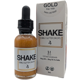 Bottle and packaging of 24k Shake Edible THC infused Glitter Drops with 'Gold' label on a white background