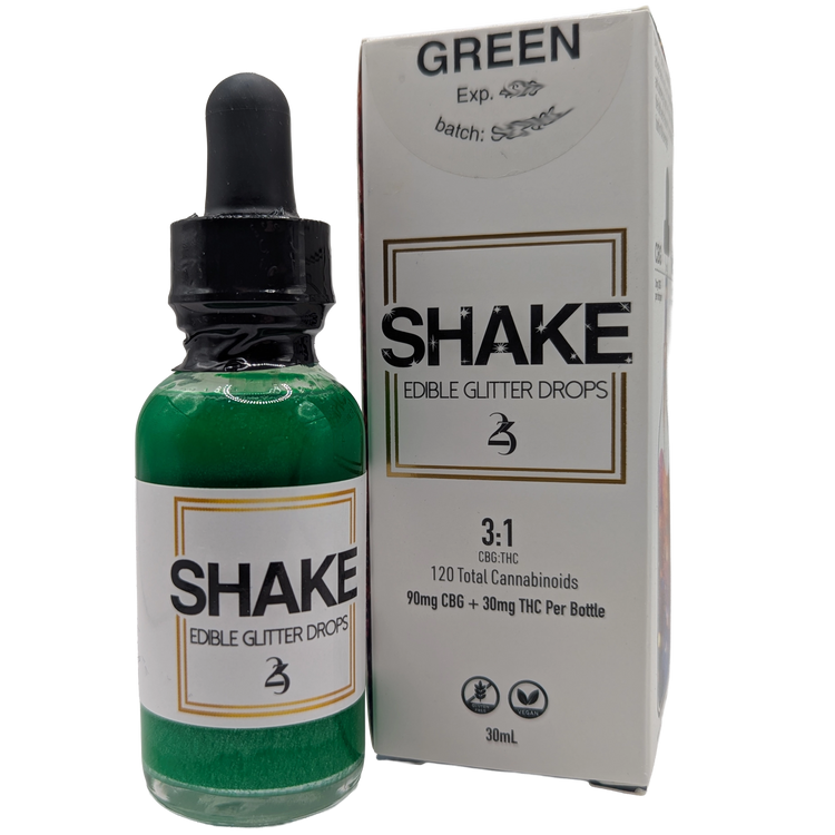 Green Emerald SHAKE edible THC infused glitter drops bottle with packaging on a white background