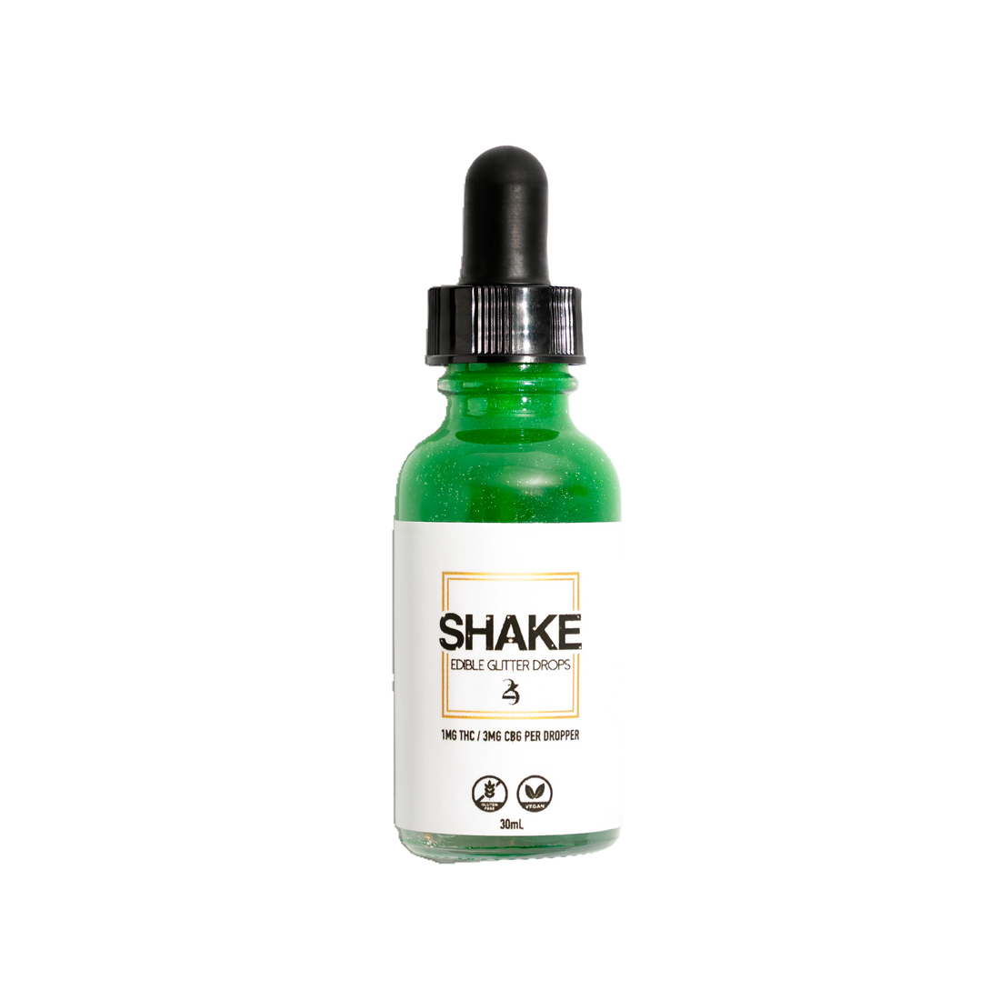 Green dropper bottle with a white label on a white background
