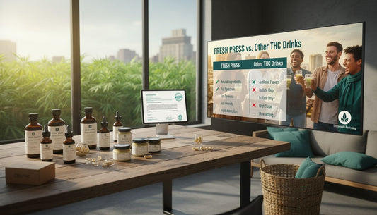 Modern workspace with premium hemp products display