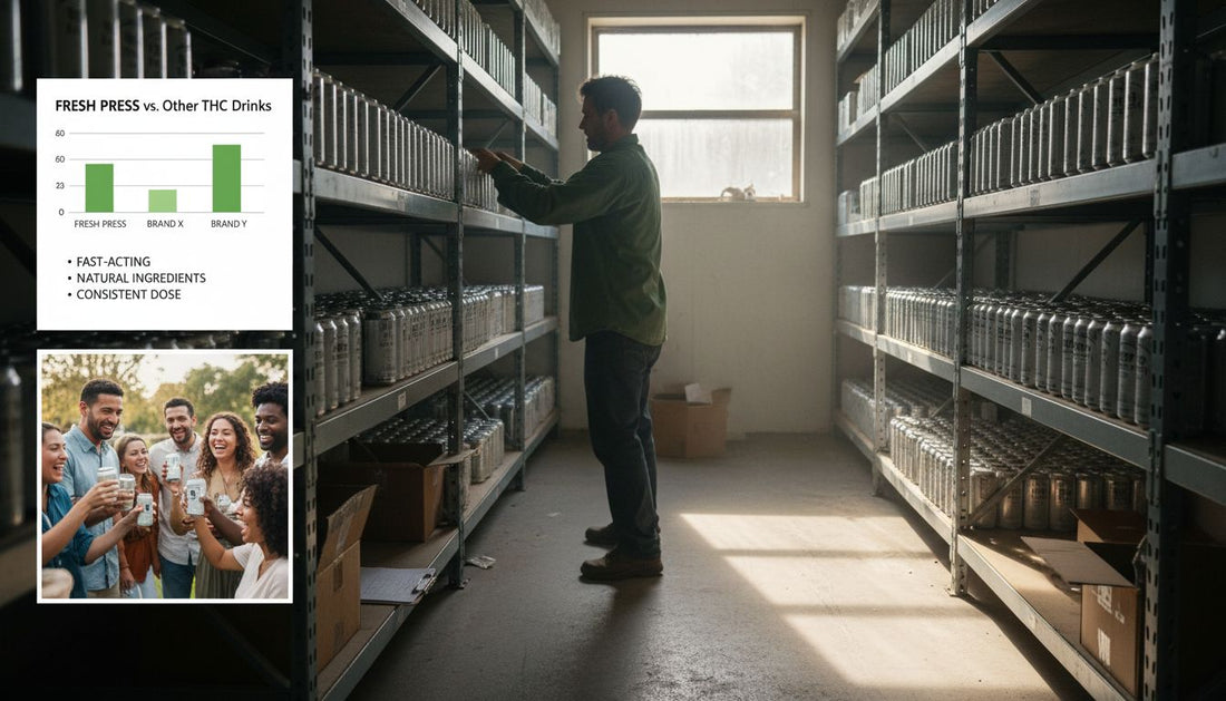 Worker stocking shelf-stable cannabis drinks