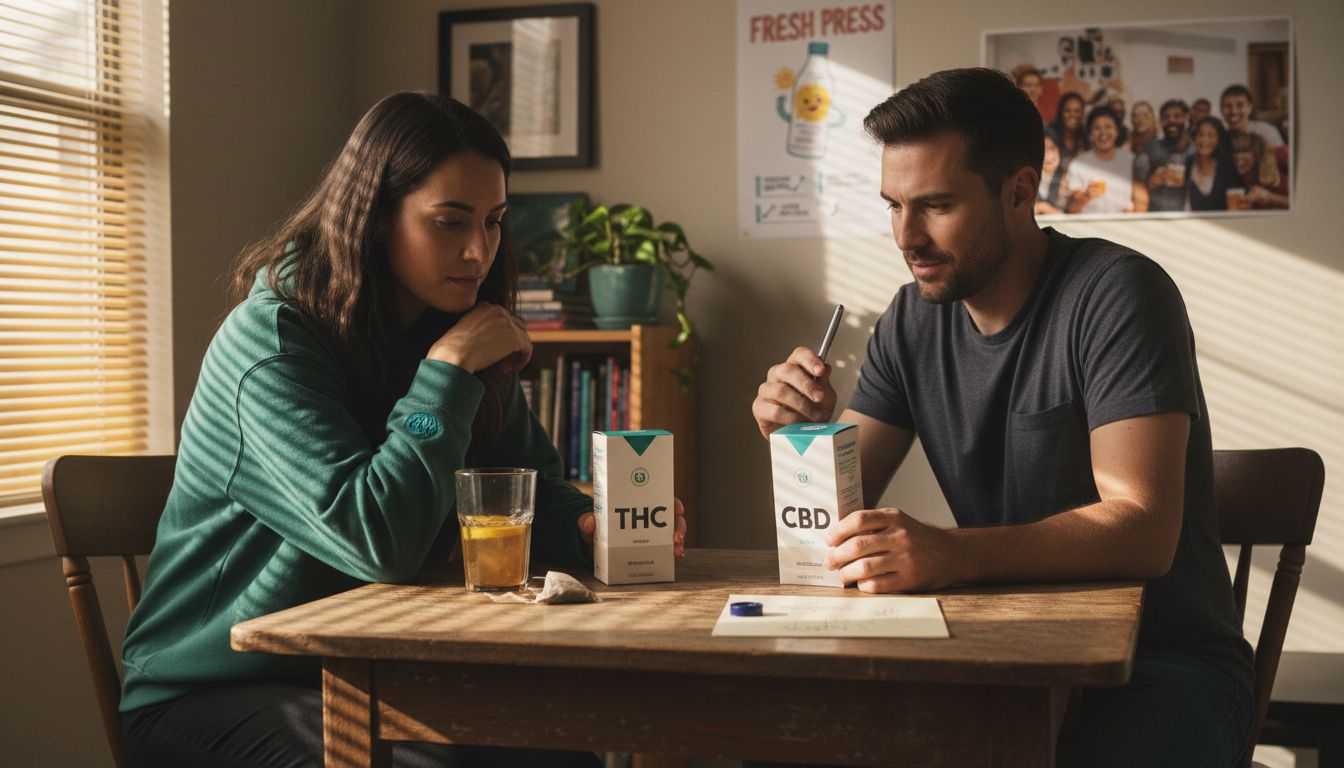 Two people compare THC and CBD products