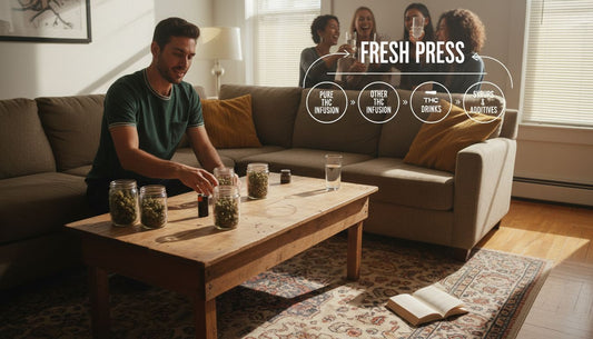 Man preparing cannabis and supplies in living room