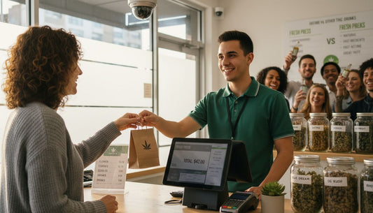 Customer buying legal cannabis at dispensary counter