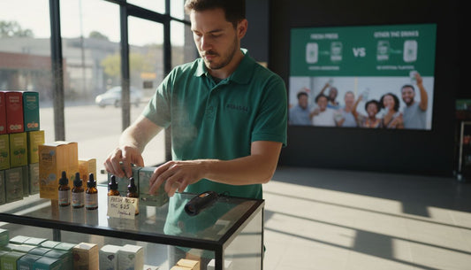 Dispensary worker arranging cannabis products