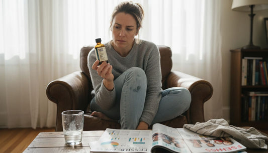 Woman reading CBG bottle in sunny living room