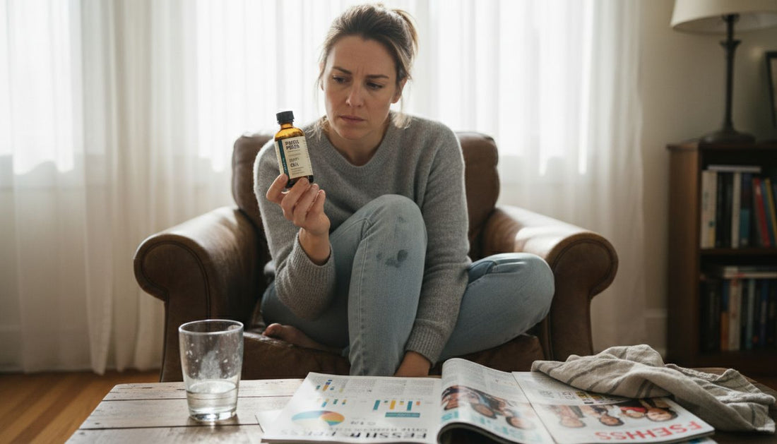 Woman reading CBG bottle in sunny living room