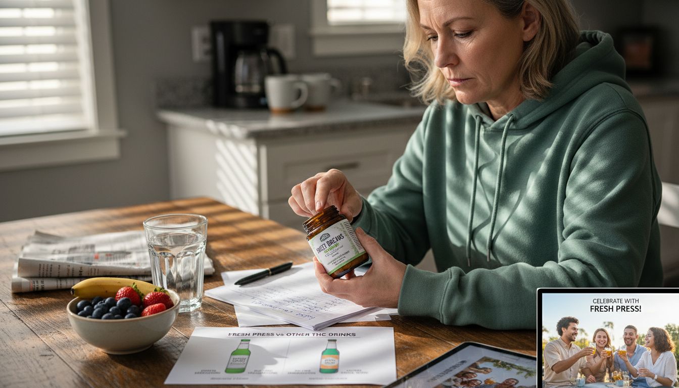 Woman reading cannabis gummies label in kitchen