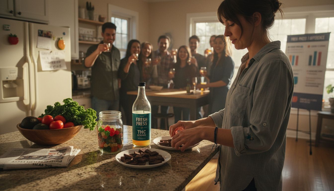 Person arranging hemp edibles on sunny kitchen counter