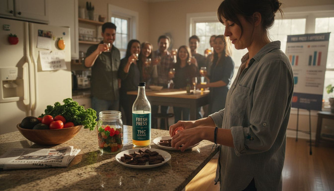 Person arranging hemp edibles on sunny kitchen counter