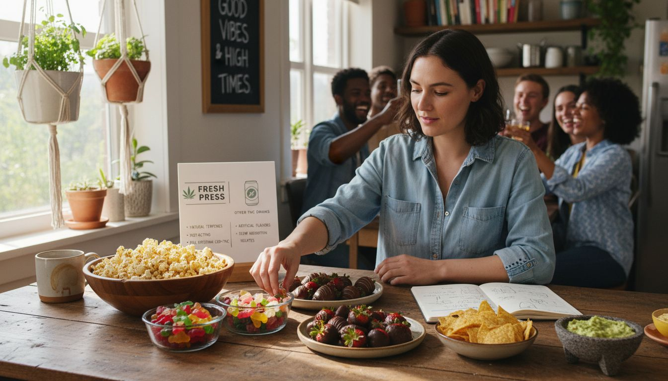 Woman arranging cannabis-infused snacks on kitchen table