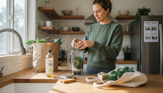 Woman preparing wellness smoothie with hemp products