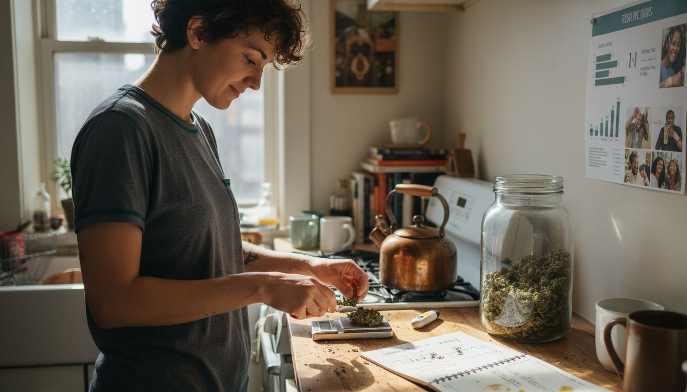Making hemp infusion in a sunlit kitchen