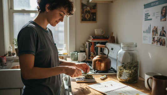 Making hemp infusion in a sunlit kitchen