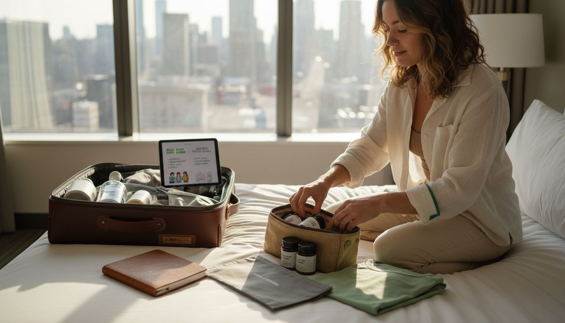 Traveler packing hemp travel kit on hotel bed