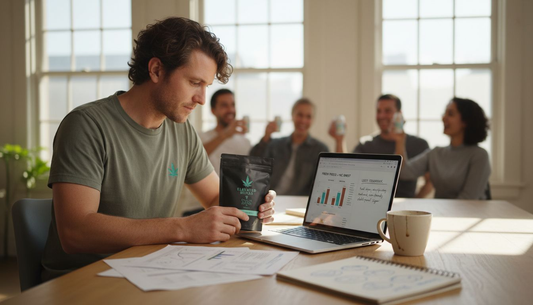 Designer reviewing cannabis product features