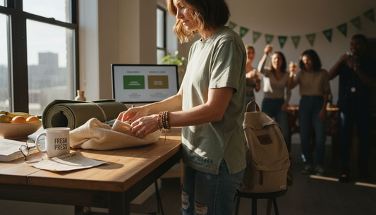 Woman with hemp accessories on kitchen counter