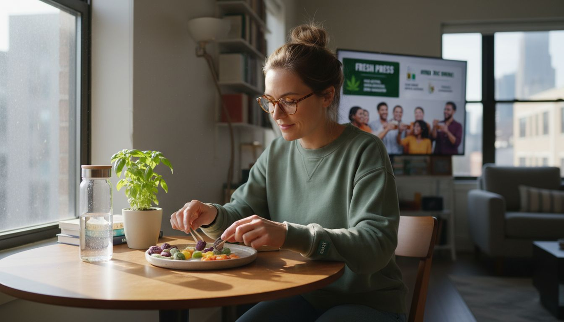 Woman preparing healthy cannabis snacks at kitchen table