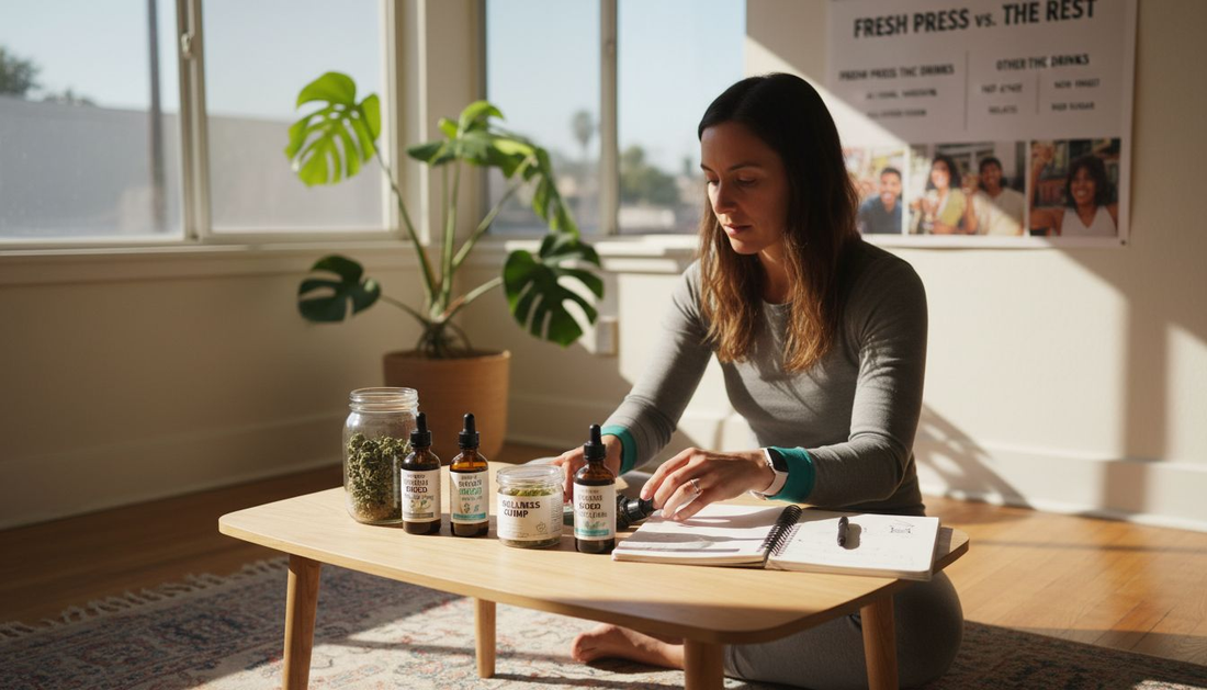 Woman organizing cannabis wellness essentials at home