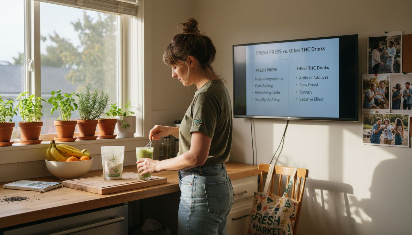 Woman preparing hemp smoothie in sunlit kitchen