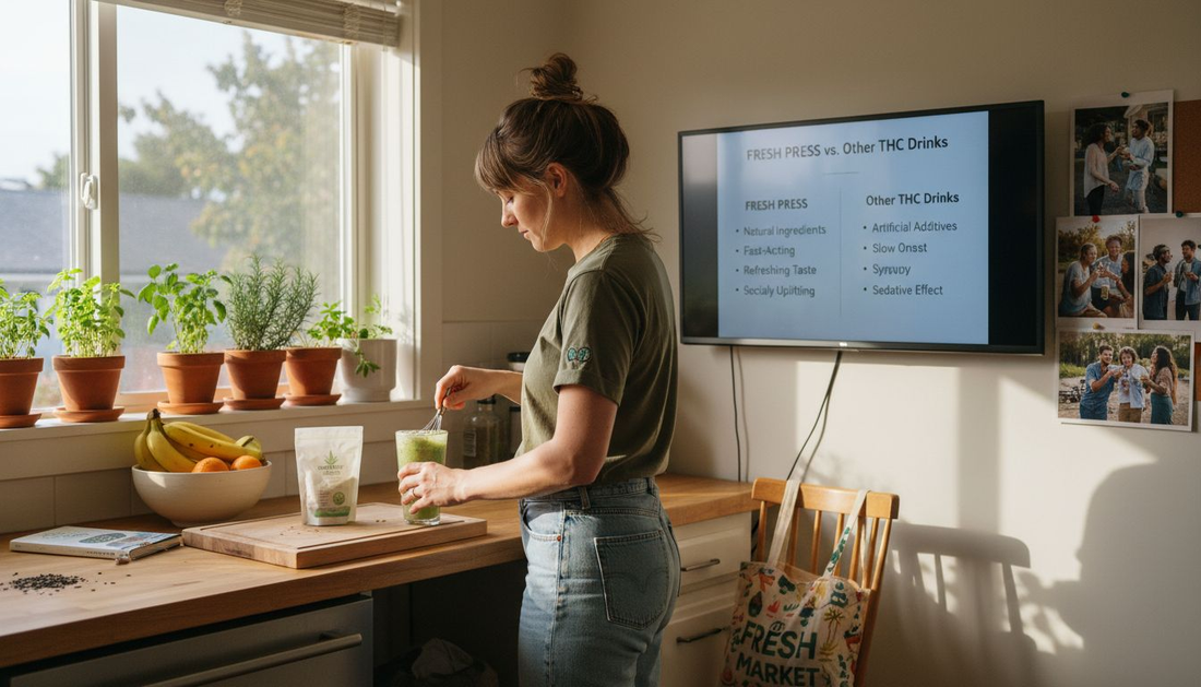 Woman preparing hemp smoothie in sunlit kitchen