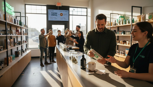 Customer reviews cannabis product at dispensary